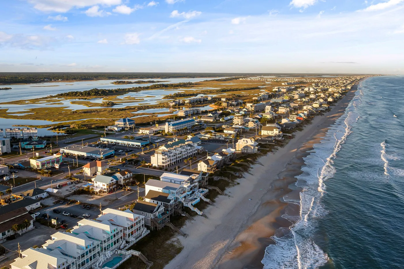 Aerial view of a beach town on the North Carolina coast